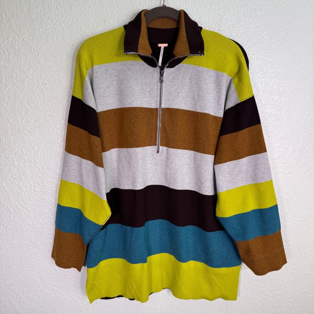 Free People Coastal Stripe Sweater Womens XS Oversize Pullover Olive Lime NEW
